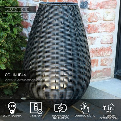 Lucide COLIN IP44 - Lámpara de mesa Recargable Dentro/Fuera - Batería/acumulador - LED 3 StepDim - 1x3W 3000K - IP44 - Negro